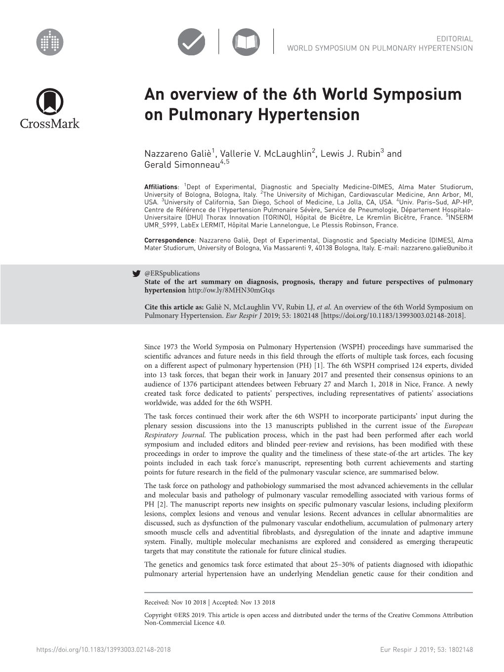 An Overview of the 6Th World Symposium on Pulmonary Hypertension