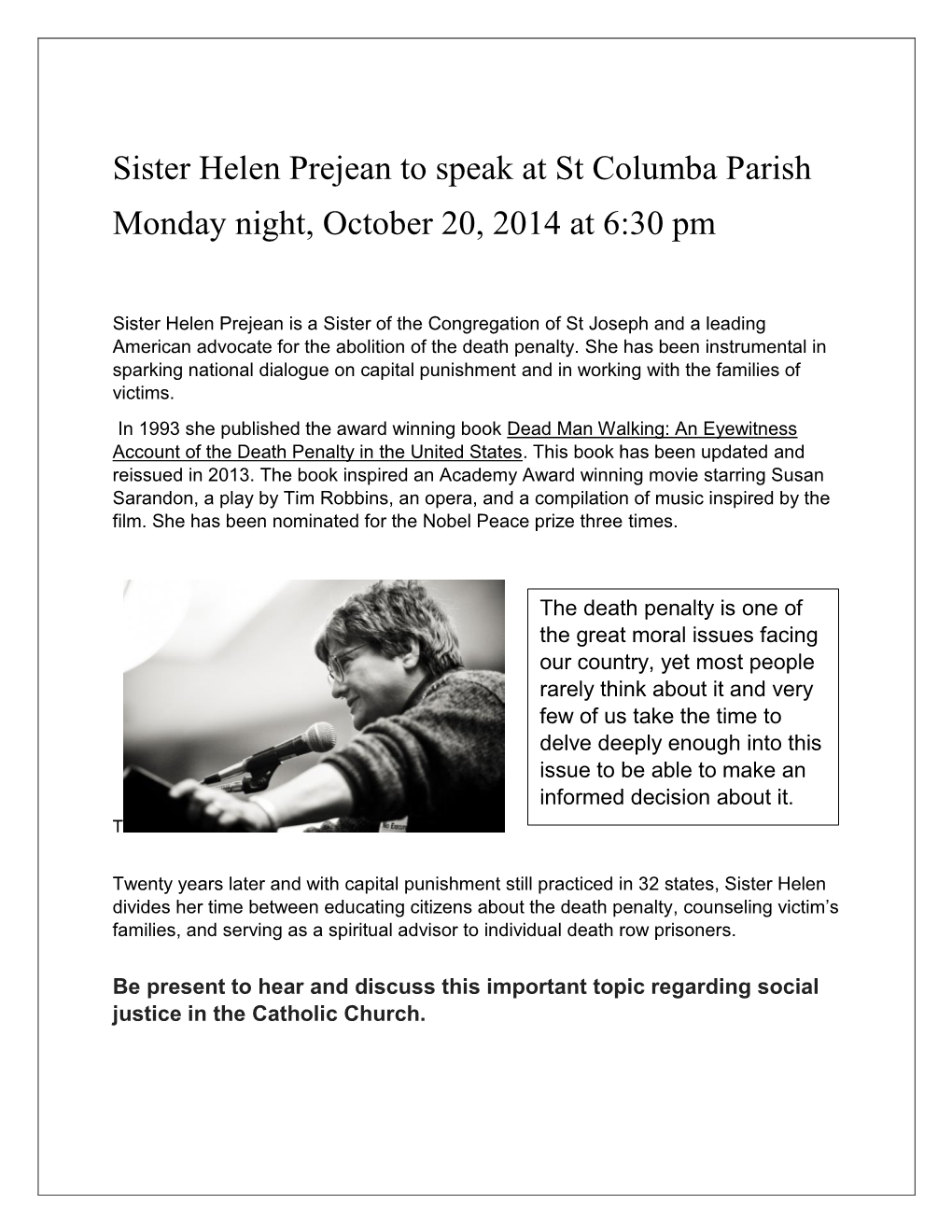 Sister Helen Prejean to Speak at St Columba Parish Monday Night, October 20, 2014 at 6:30 Pm