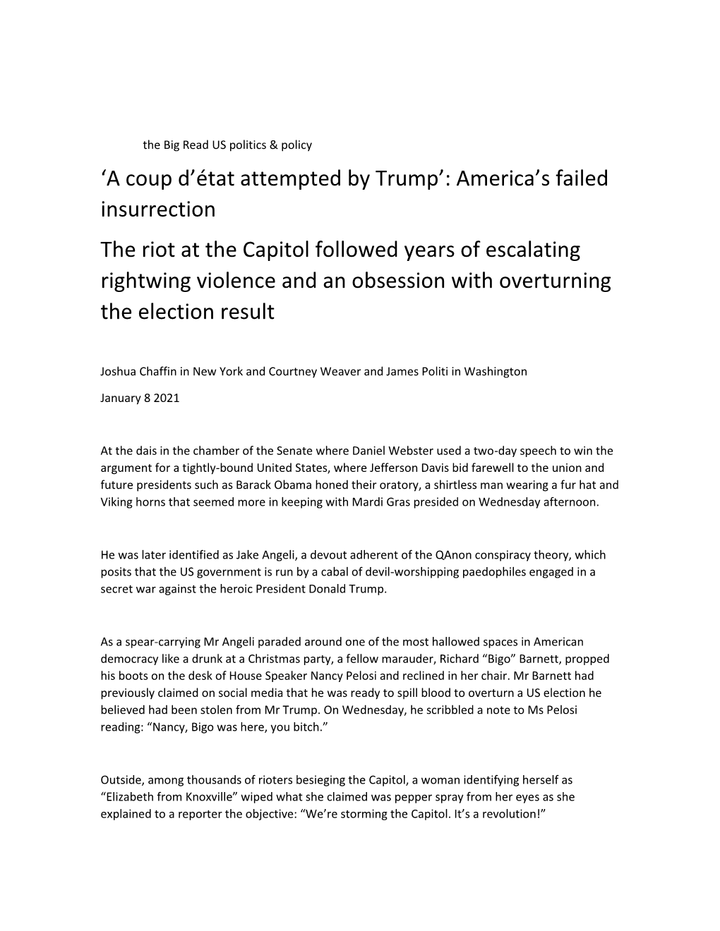 'A Coup D'état Attempted by Trump': America's Failed Insurrection The
