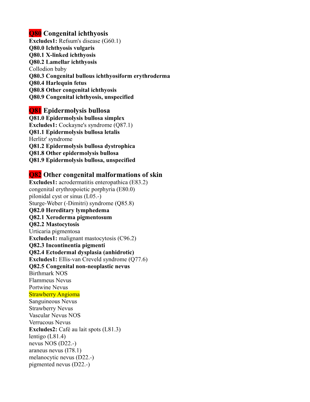 Q80 Congenital Ichthyosis Q81 Epidermolysis Bullosa Q82 Other