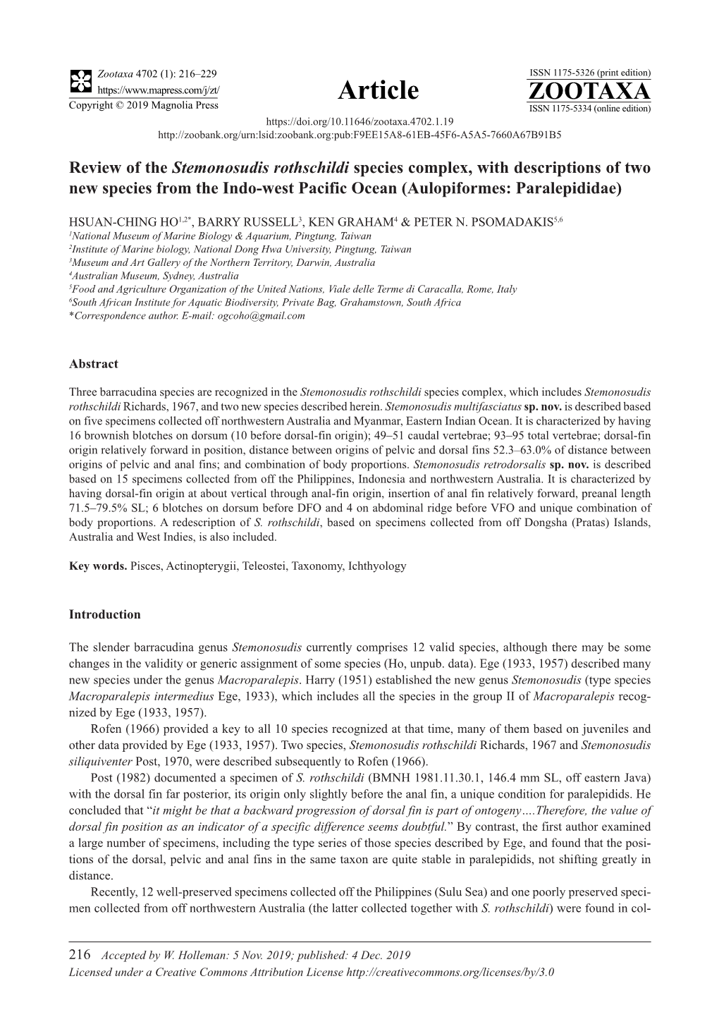 Review of the Stemonosudis Rothschildi Species Complex, with Descriptions of Two New Species from the Indo-West Pacific Ocean (Aulopiformes: Paralepididae)