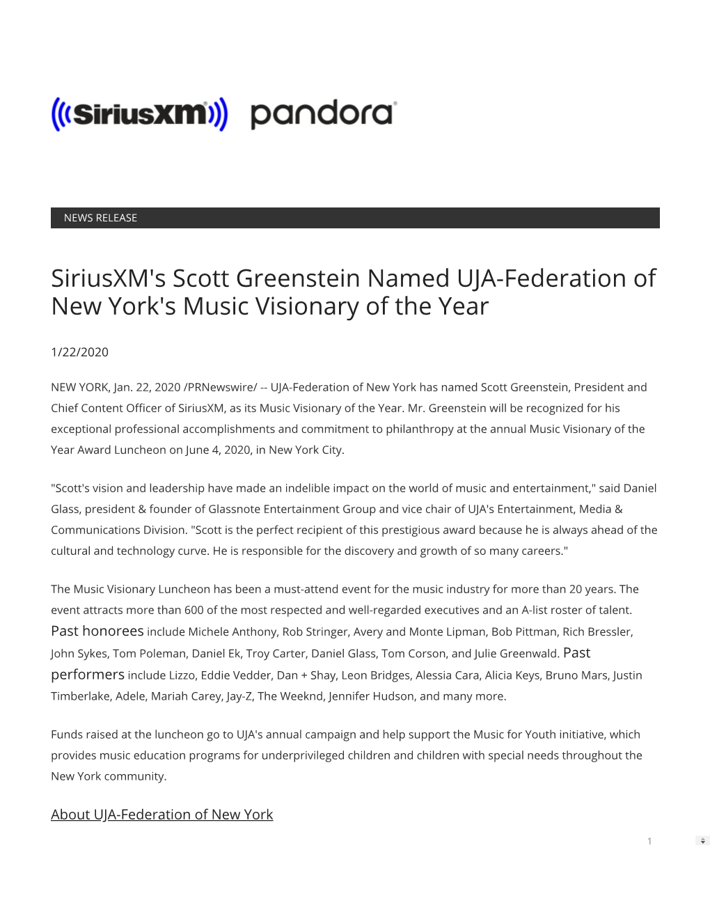 Siriusxm's Scott Greenstein Named UJA-Federation of New York's Music Visionary of the Year