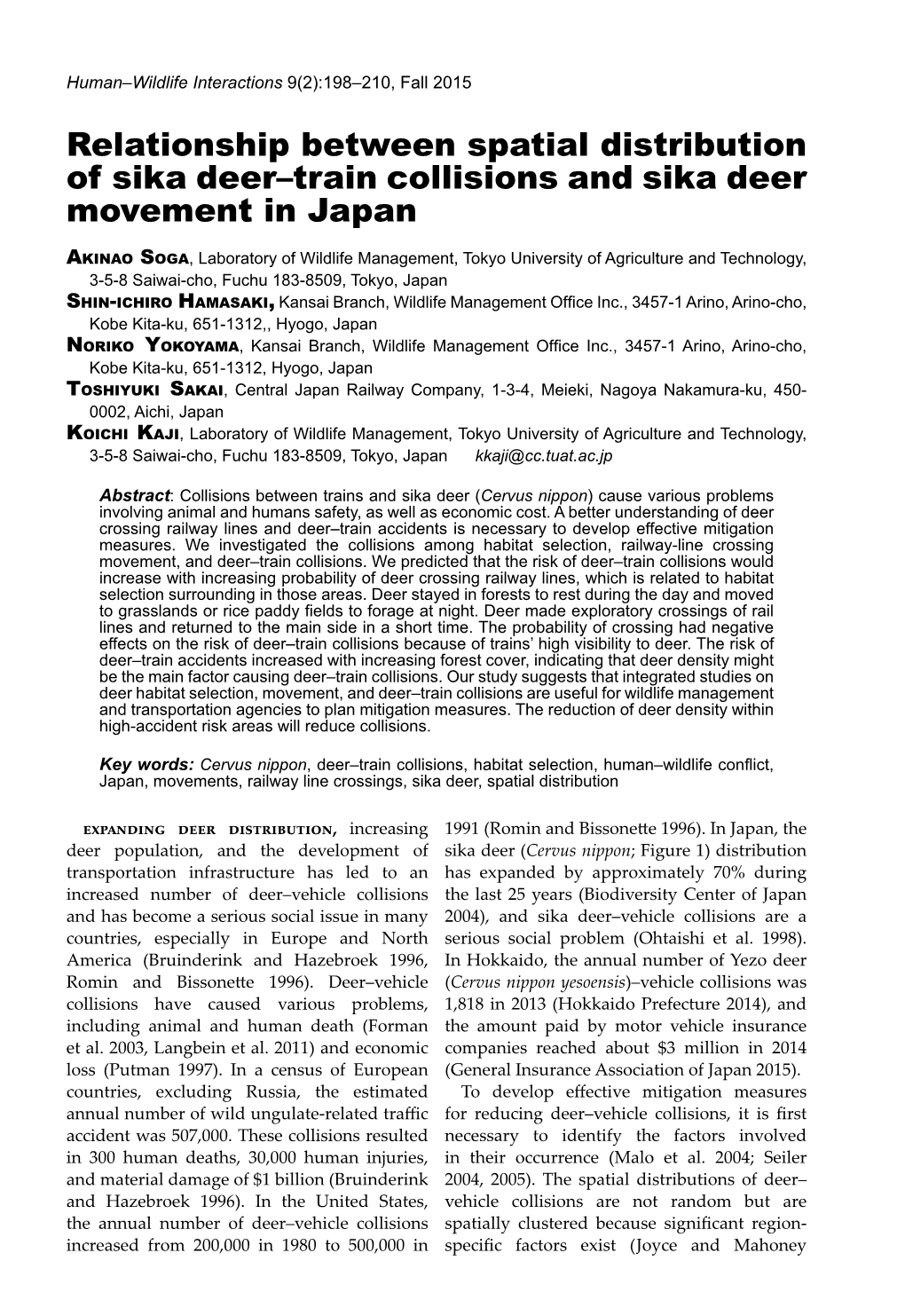 Relationship Between Spatial Distribution of Sika Deer–Train Collisions and Sika Deer Movement in Japan