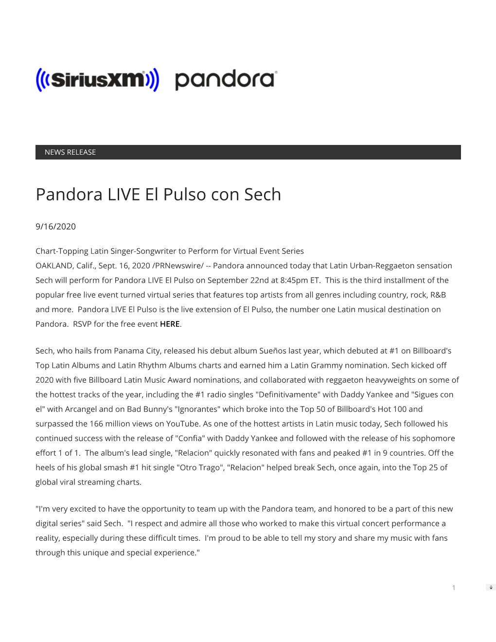Pandora LIVE El Pulso Con Sech