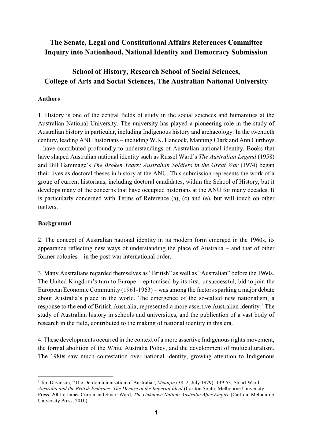 The Senate, Legal and Constitutional Affairs References Committee Inquiry Into Nationhood, National Identity and Democracy Submission