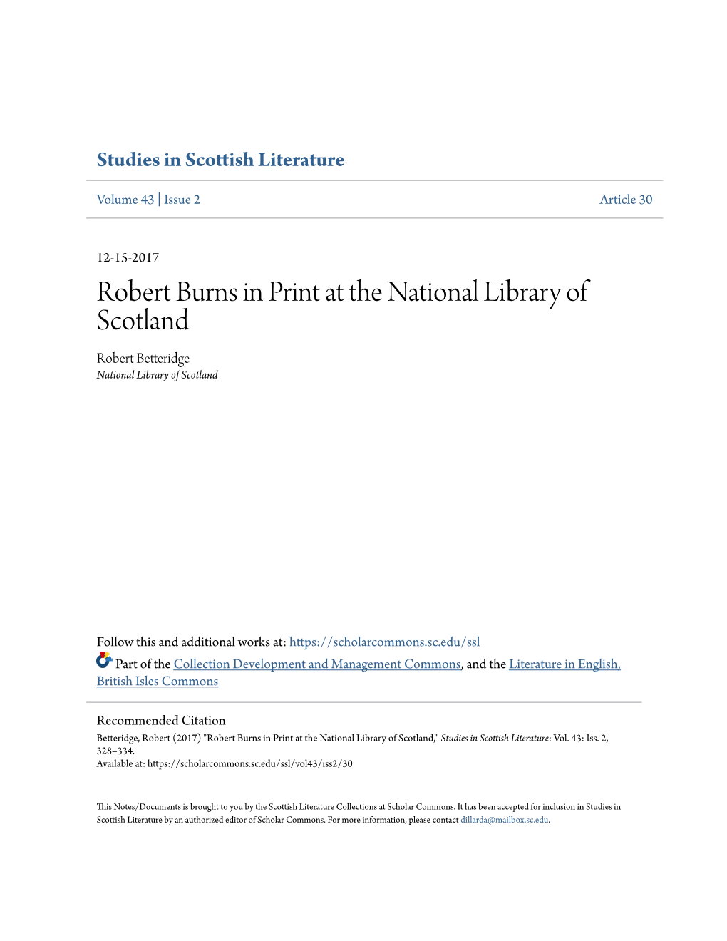 Robert Burns in Print at the National Library of Scotland Robert Betteridge National Library of Scotland