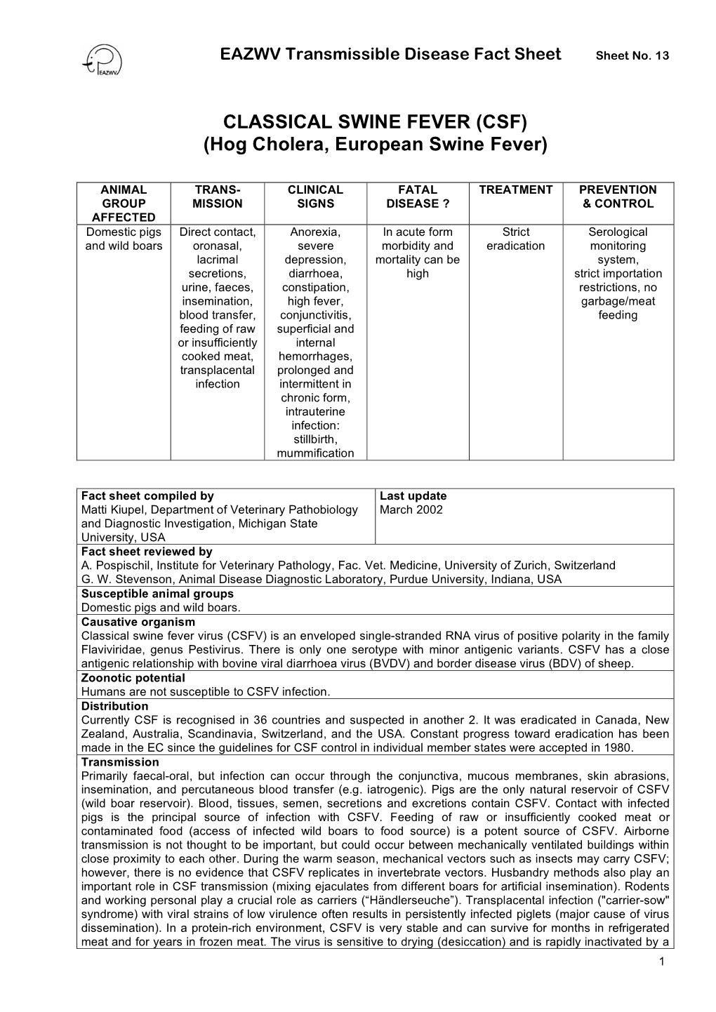 CSF) (Hog Cholera, European Swine Fever