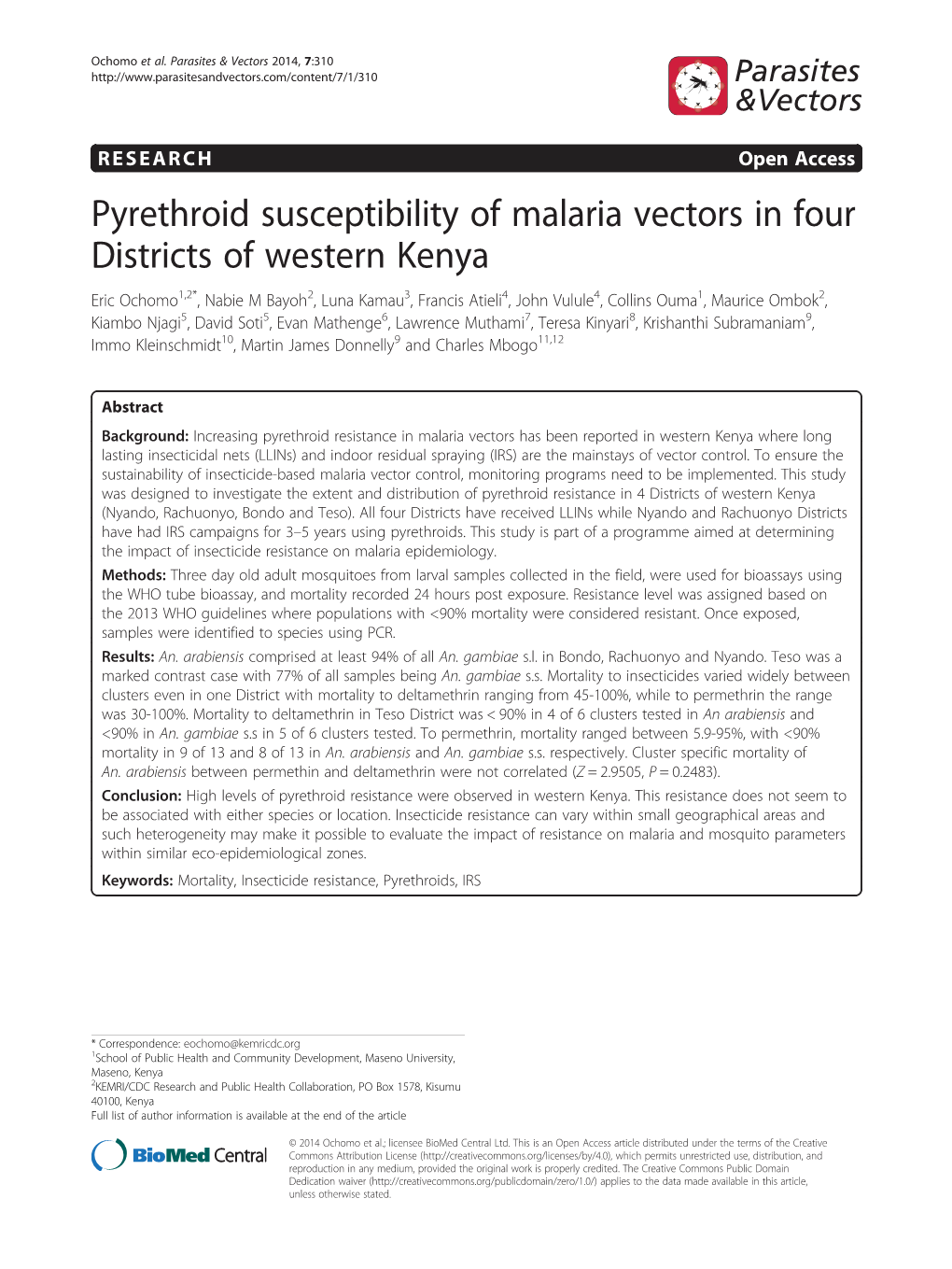 Pyrethroid Susceptibility of Malaria Vectors in Four Districts of Western Kenya