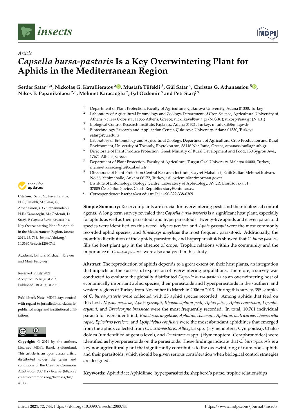 Capsella Bursa-Pastoris Is a Key Overwintering Plant for Aphids in the Mediterranean Region