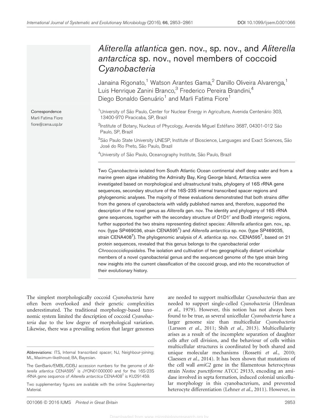 Aliterella Atlantica Gen. Nov., Sp. Nov., and Aliterella Antarctica Sp. Nov., Novel Members of Coccoid Cyanobacteria