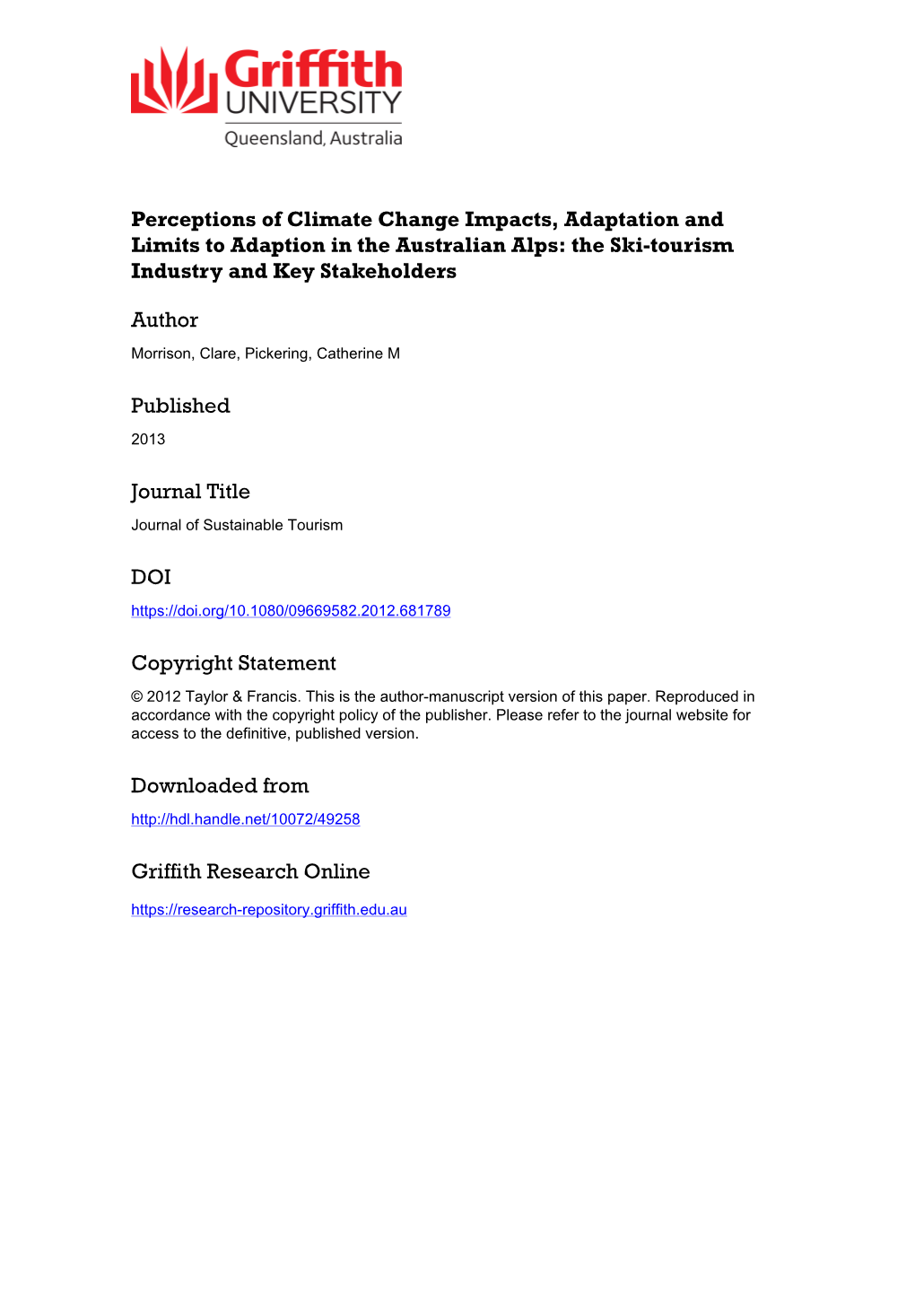 JOST1586FR2 Perceptions of Climate Change Impacts, Adaptation and Limits to Adaption in the Australian Alps