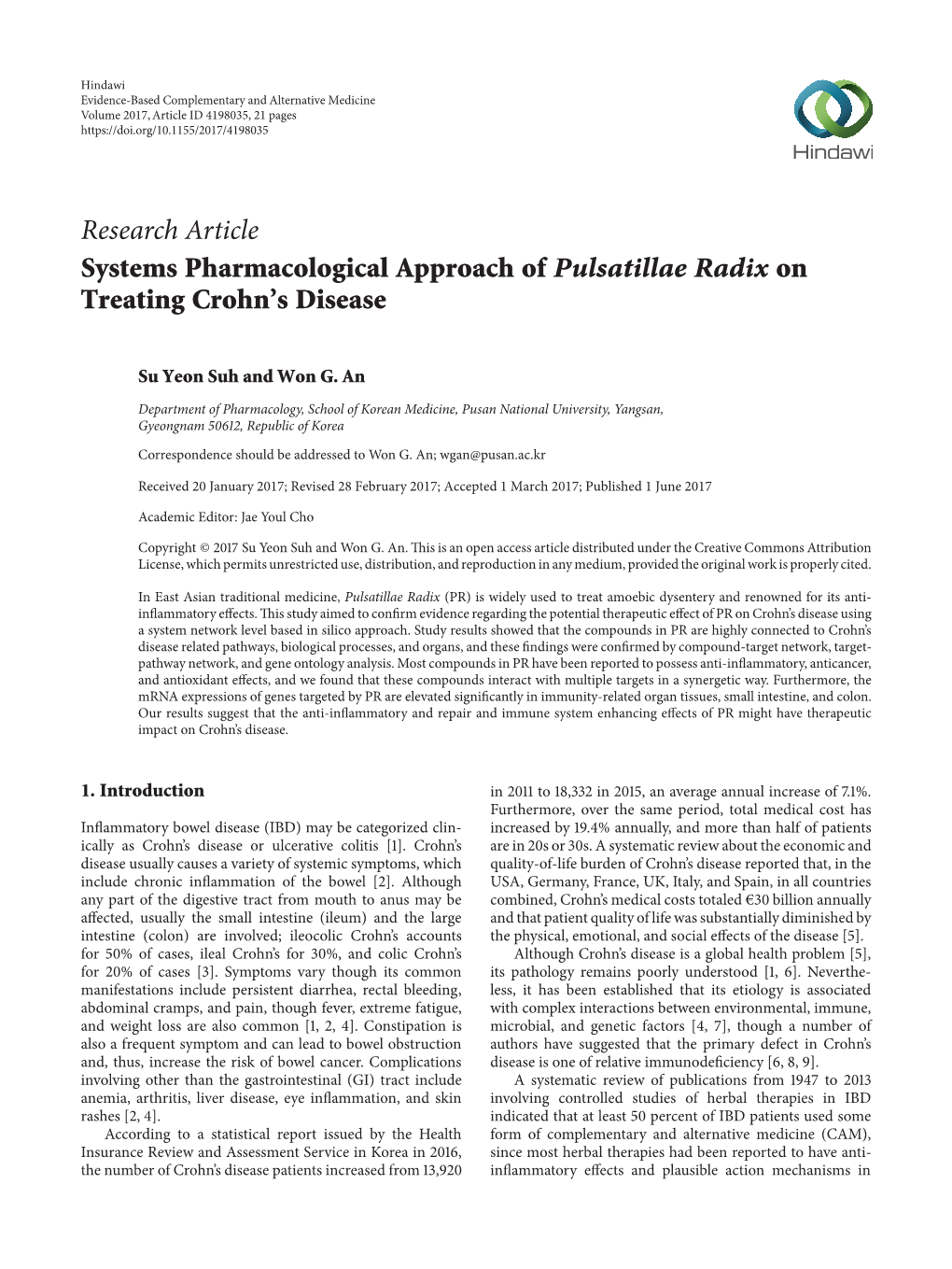 Research Article Systems Pharmacological Approach of Pulsatillae Radix on Treating Crohn’S Disease