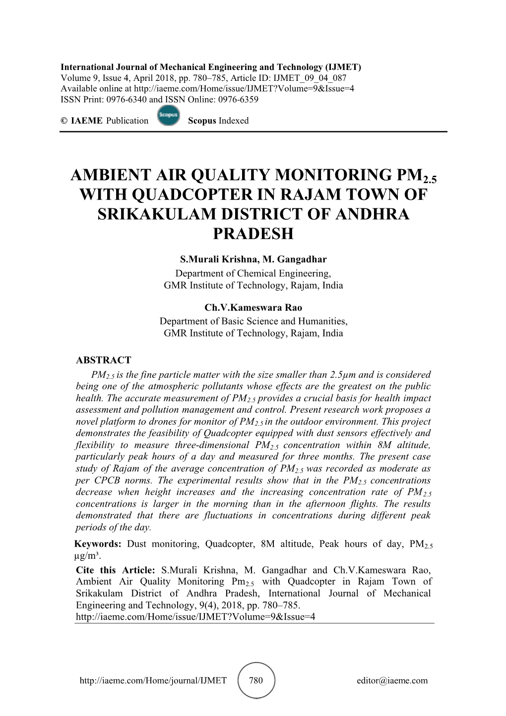 Ambient Air Quality Monitoring Pm2.5 with Quadcopter in Rajam Town of Srikakulam District of Andhra Pradesh