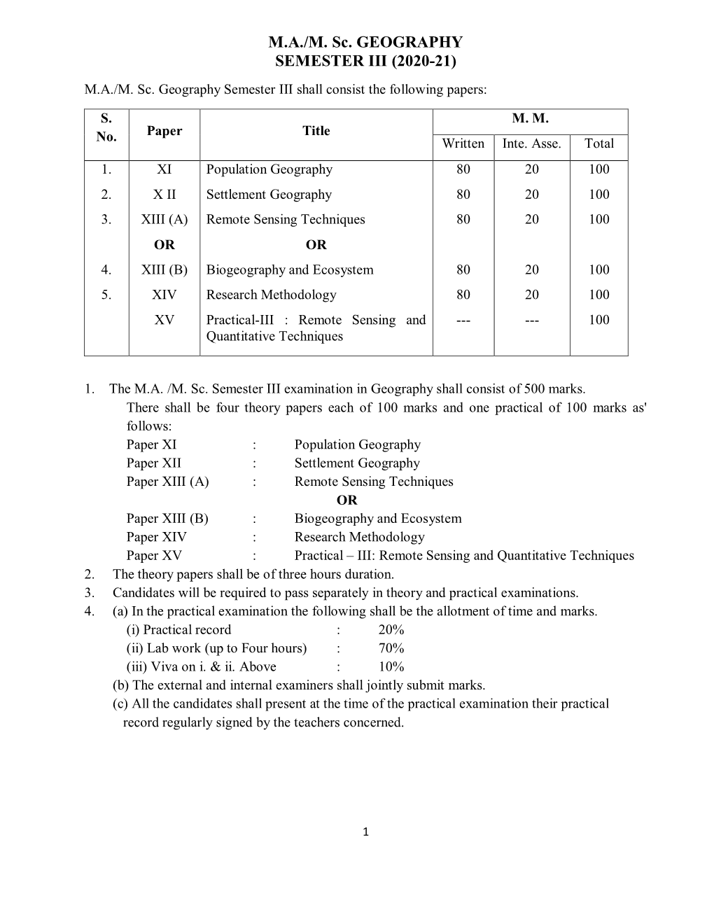 M.A./M. Sc. GEOGRAPHY SEMESTER III (2020-21) M.A./M