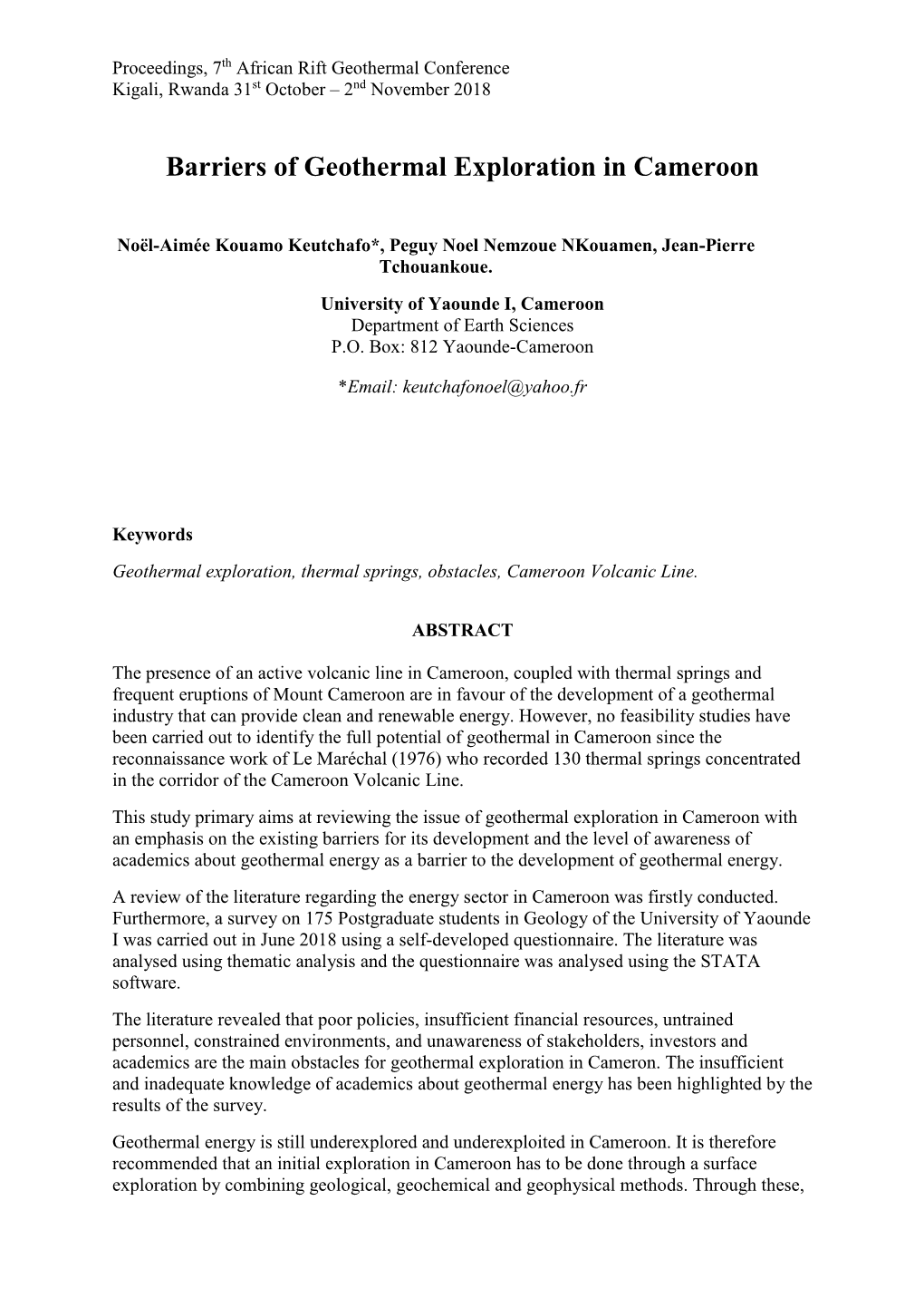 Barriers of Geothermal Exploration in Cameroon