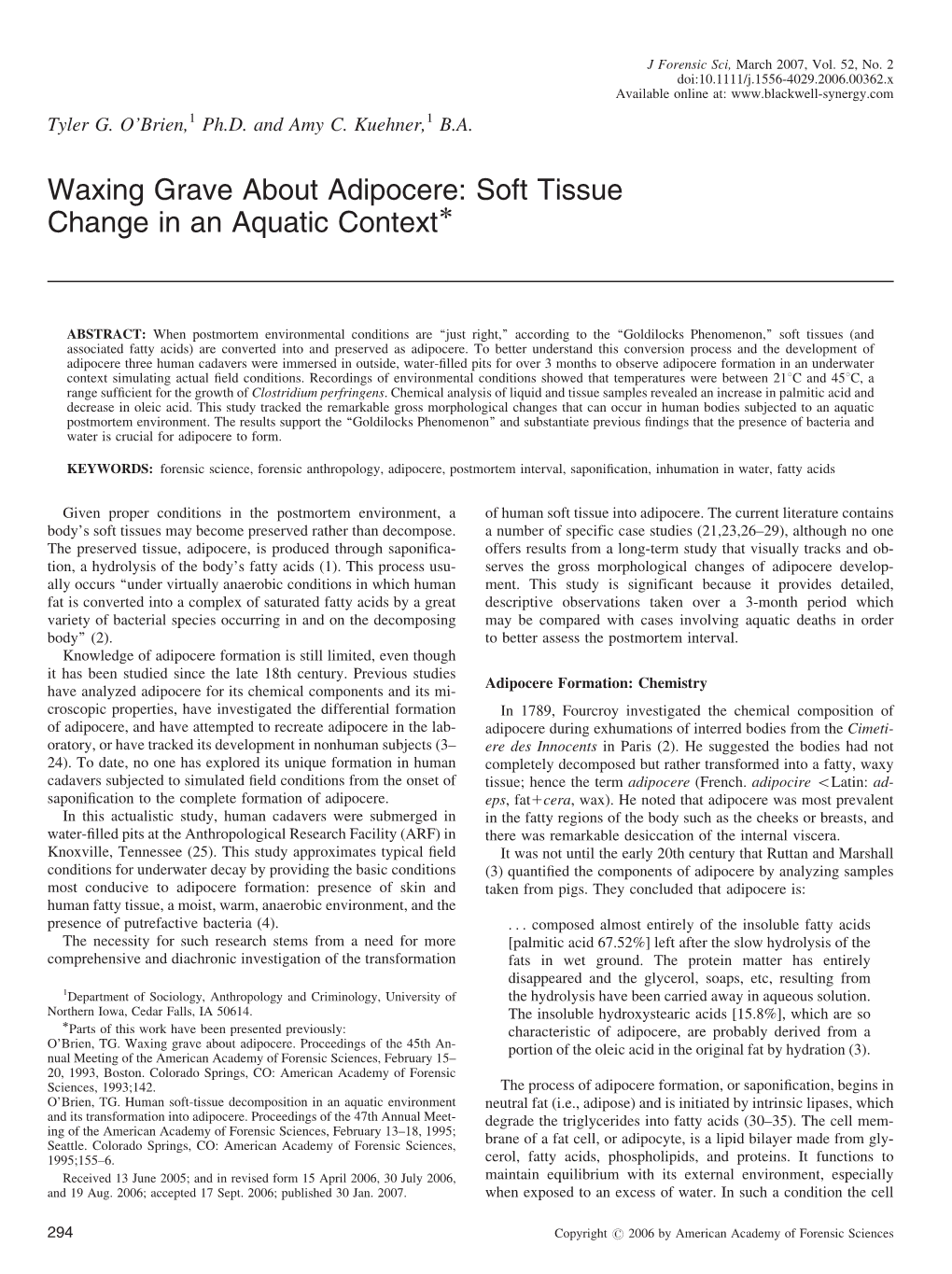 Waxing Grave About Adipocere: Soft Tissue Change in an Aquatic Contextã