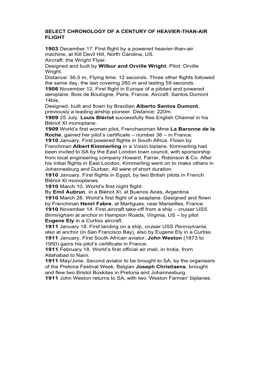 Select Chronology of a Century of Heavier-Than-Air Flight