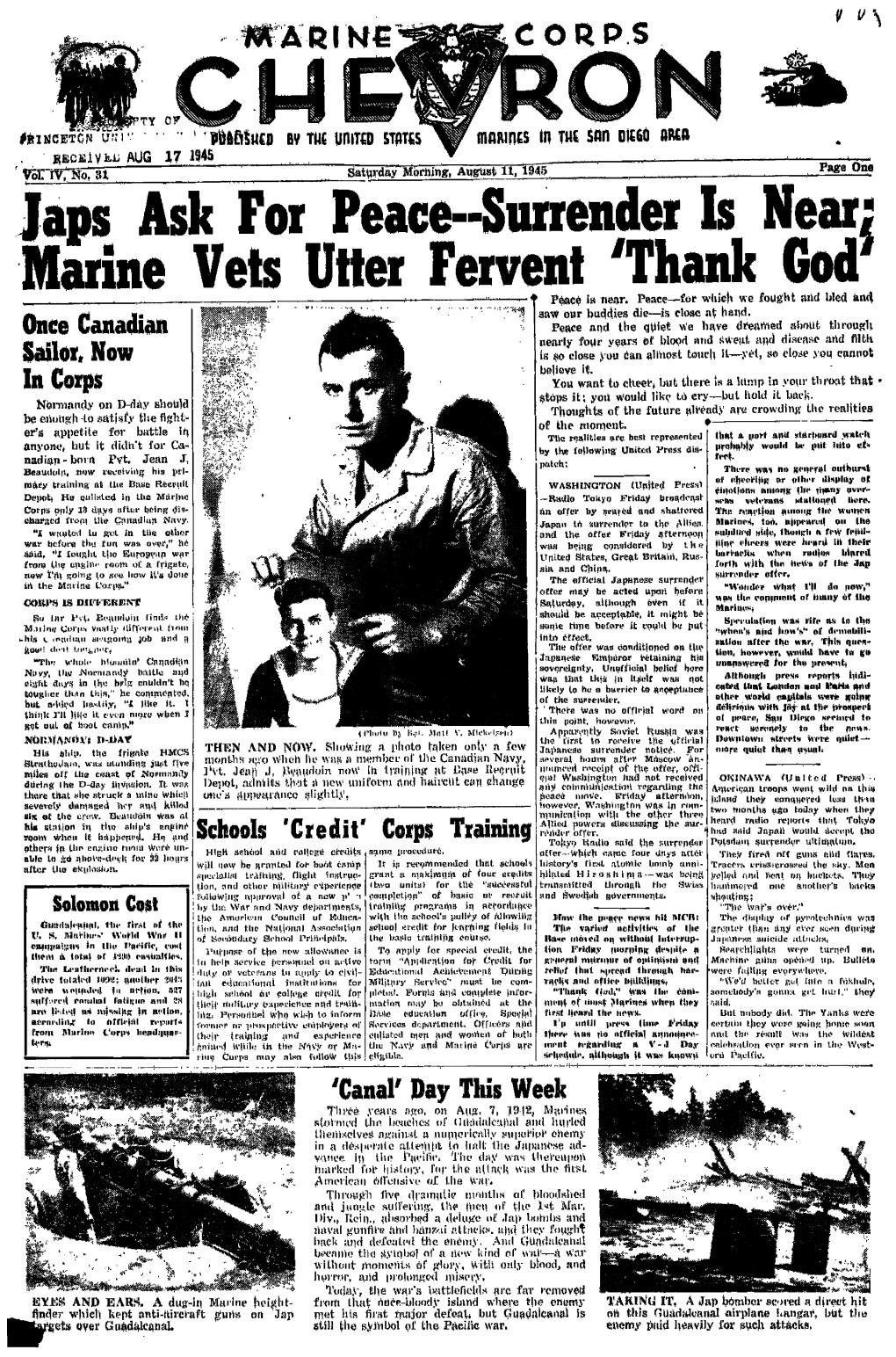 Japs Ask for Peace--Surrender Is Near; Marine Vets Utter Fervent 'Thank God' Peace Is Near
