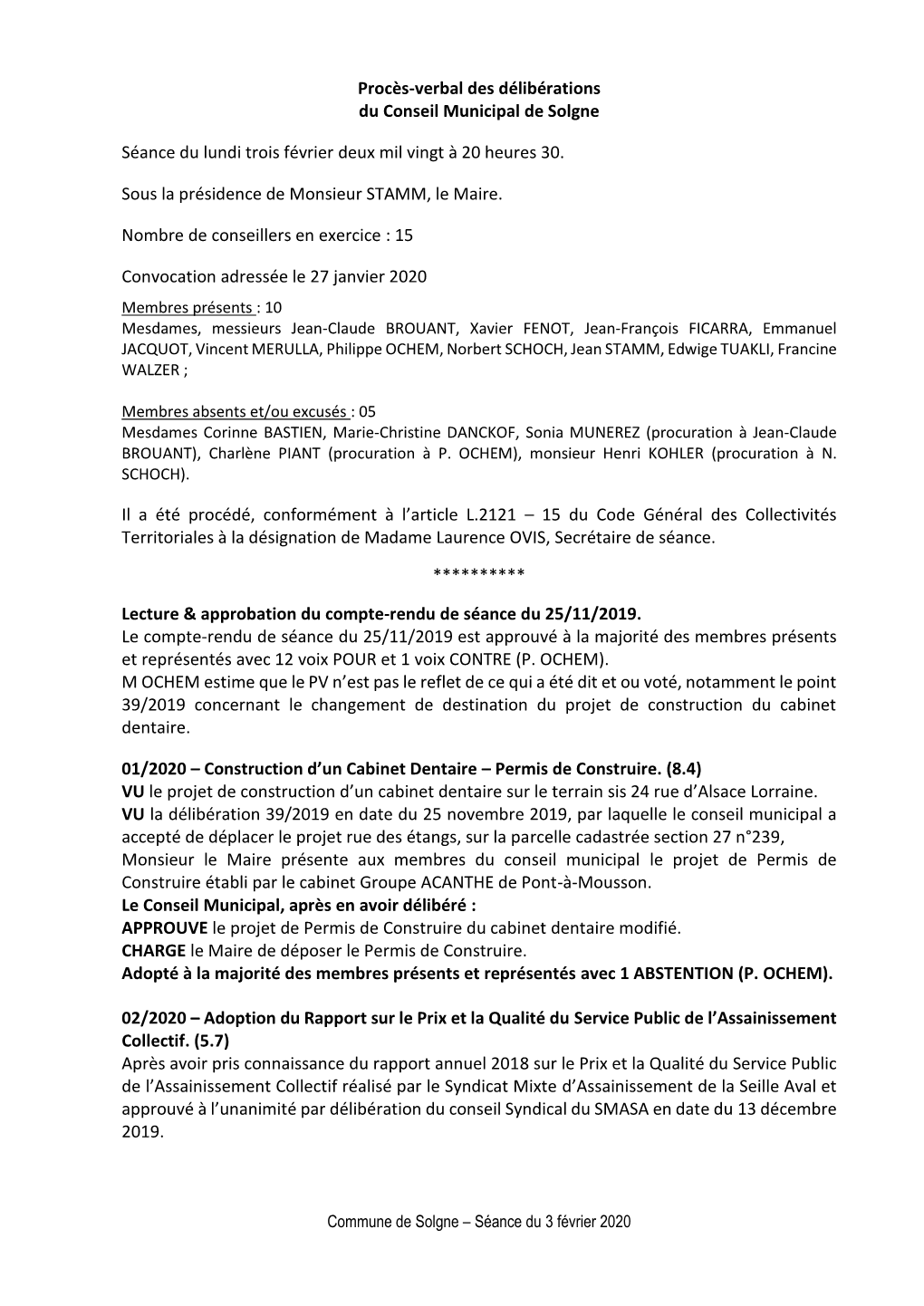 Procès-Verbal Des Délibérations Du Conseil Municipal De Solgne