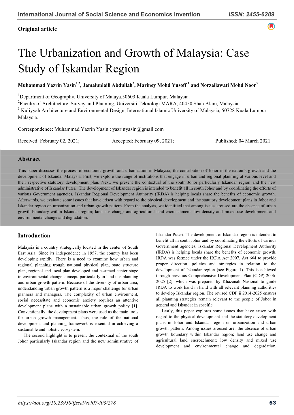 The Urbanization and Growth of Malaysia: Case Study of Iskandar Region