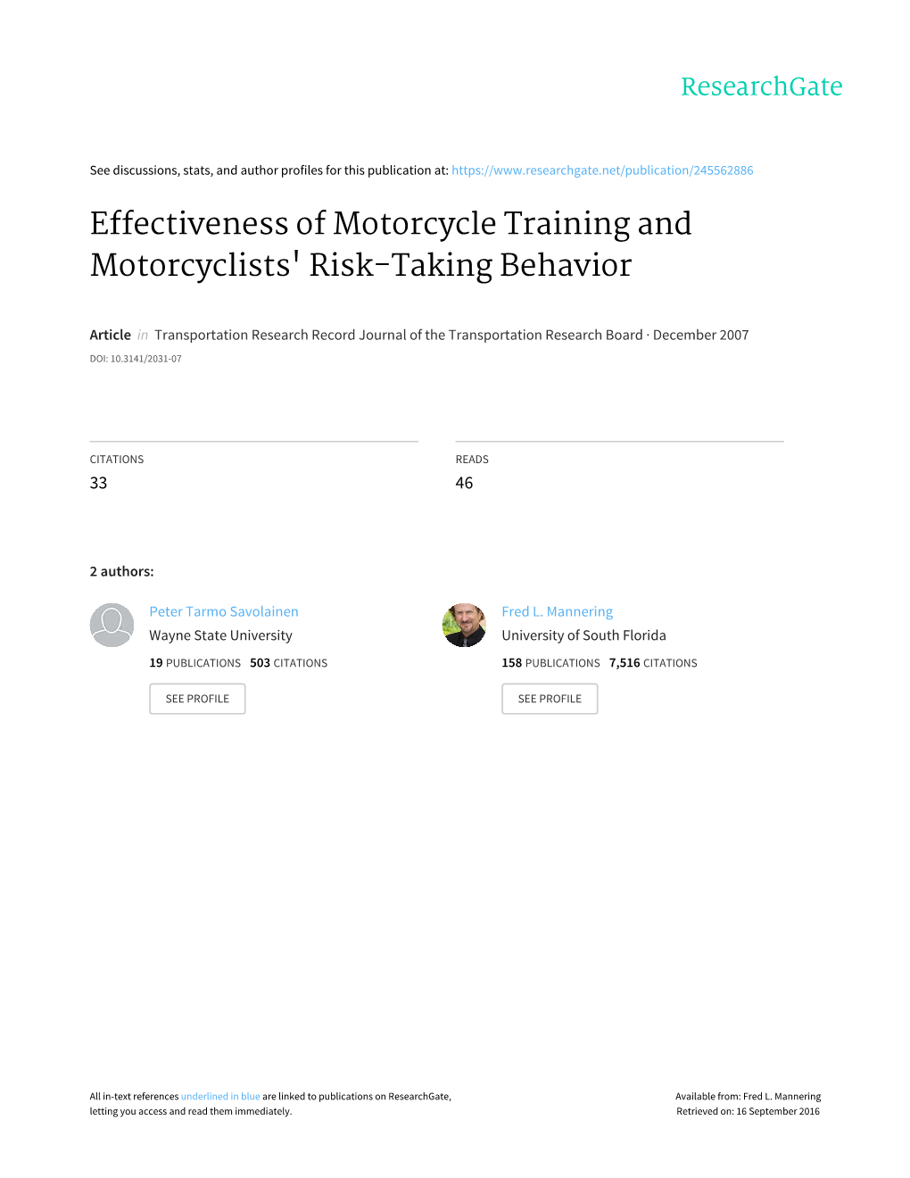 Effectiveness of Motorcycle Training and Motorcyclists' Risk-Taking Behavior