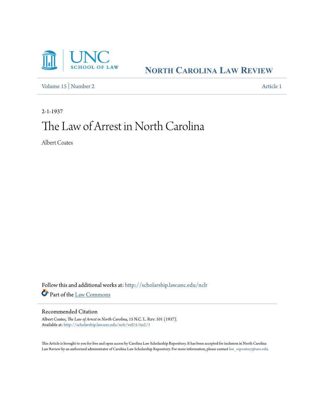 The Law of Arrest in North Carolina Albert Coates