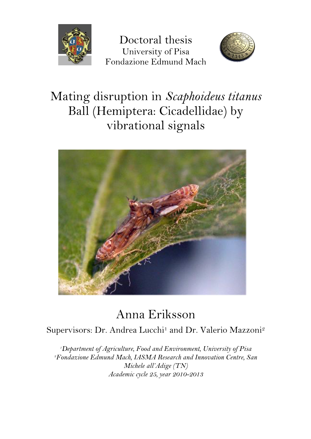 Mating Disruption in Scaphoideus Titanus Ball (Hemiptera: Cicadellidae) by Vibrational Signals