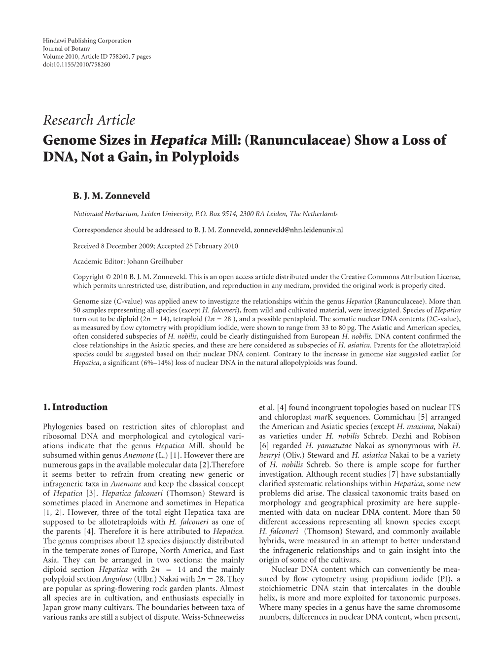 Genome Sizes in Hepatica Mill:(Ranunculaceae) Show a Loss