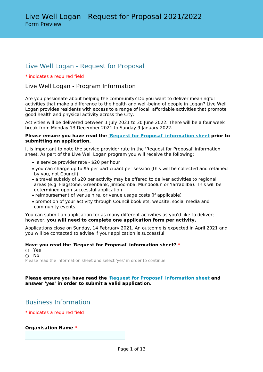 Live Well Logan - Request for Proposal 2021/2022 Form Preview