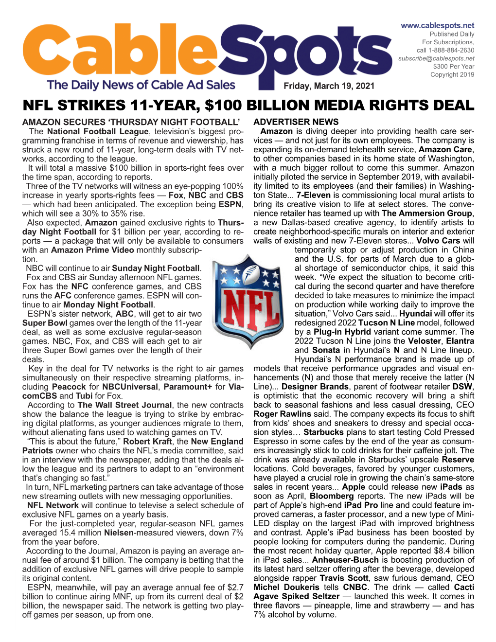 Nfl Strikes 11-Year, $100 Billion Media