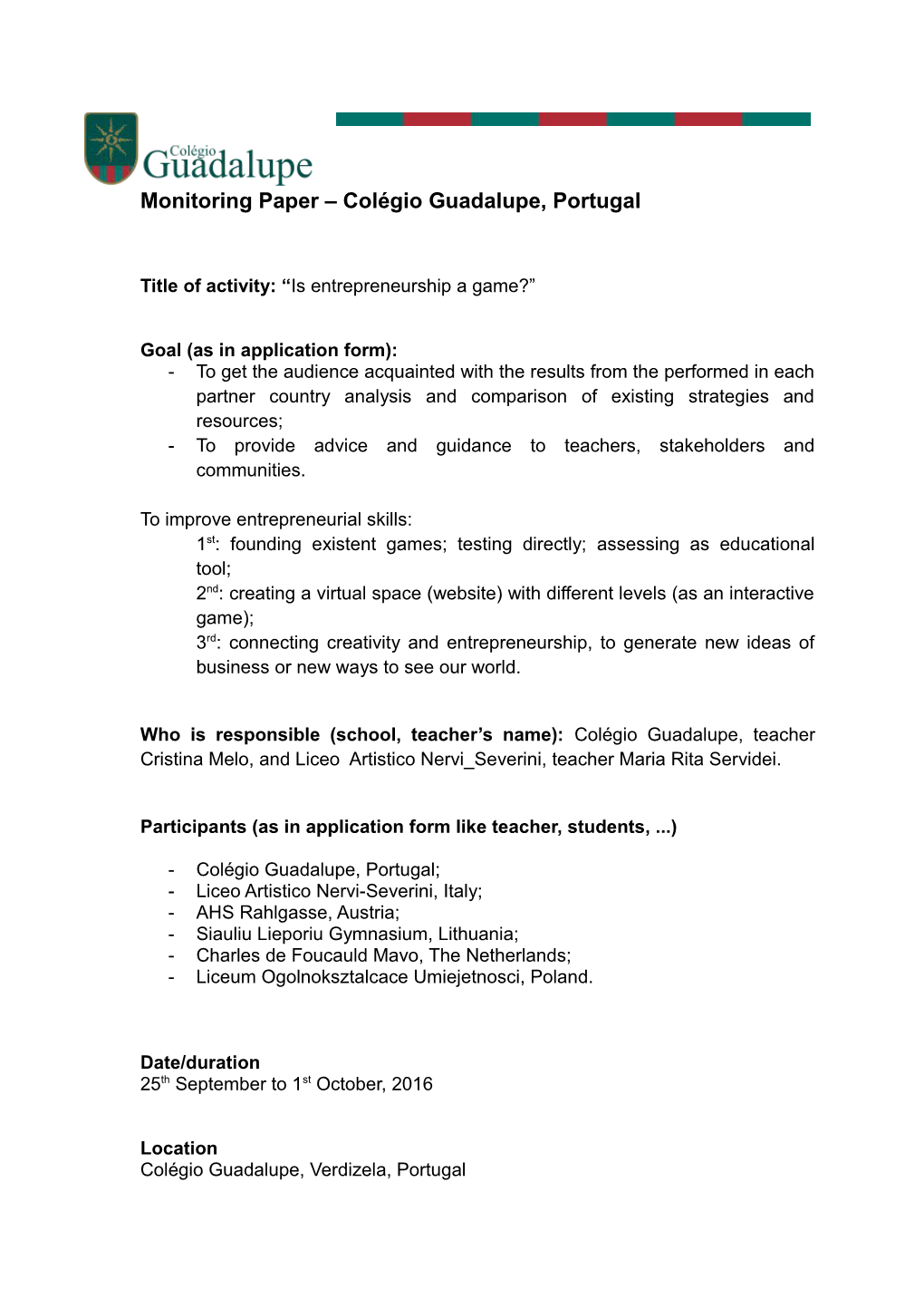 Monitoring Paper Colégio Guadalupe, Portugal