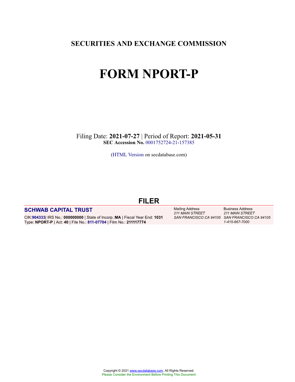 SCHWAB CAPITAL TRUST Form NPORT-P Filed 2021-07-27