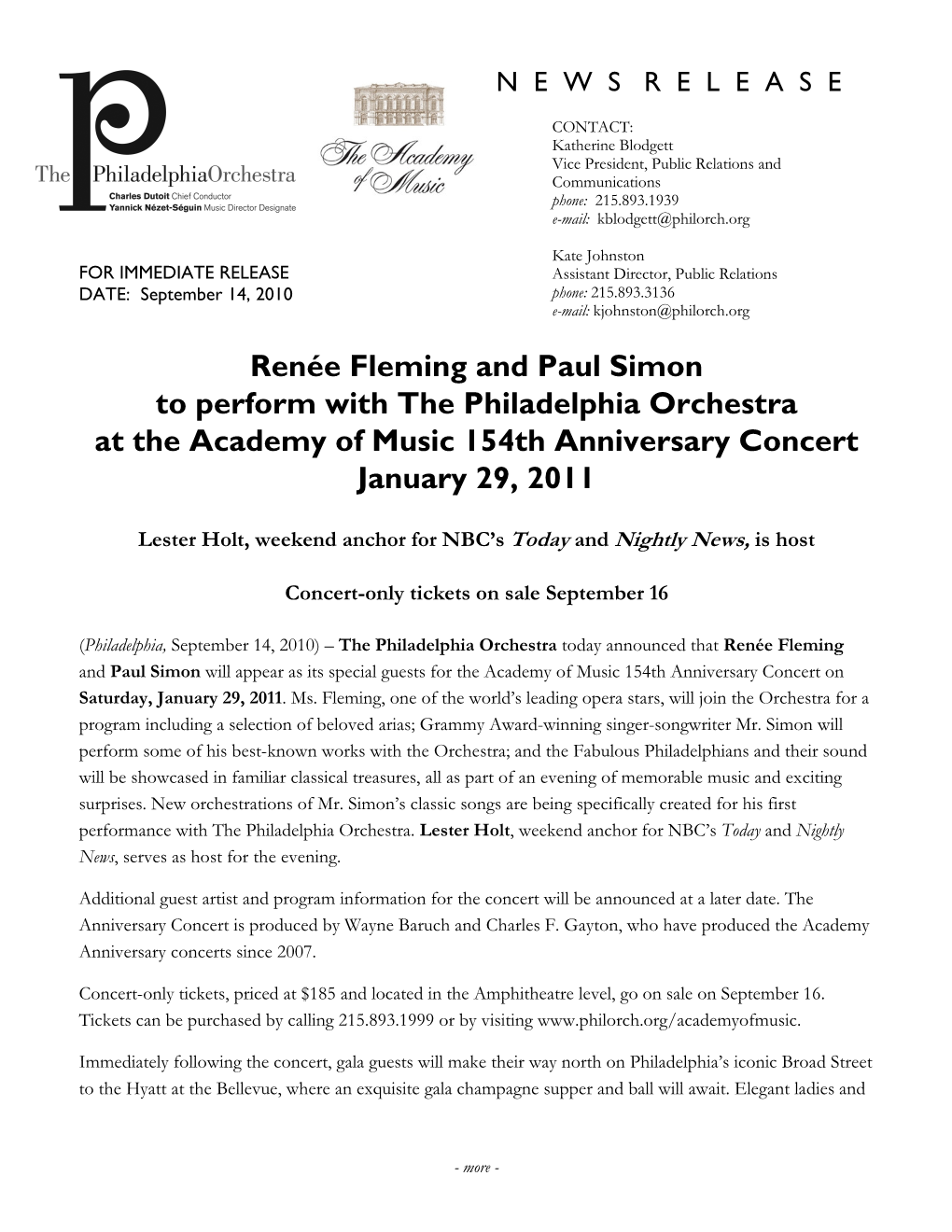 Renée Fleming and Paul Simon to Perform with the Philadelphia Orchestra at the Academy of Music 154Th Anniversary Concert January 29, 2011