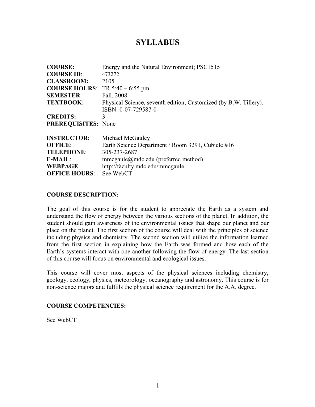 COURSE: Energy and the Natural Environment; PSC1515