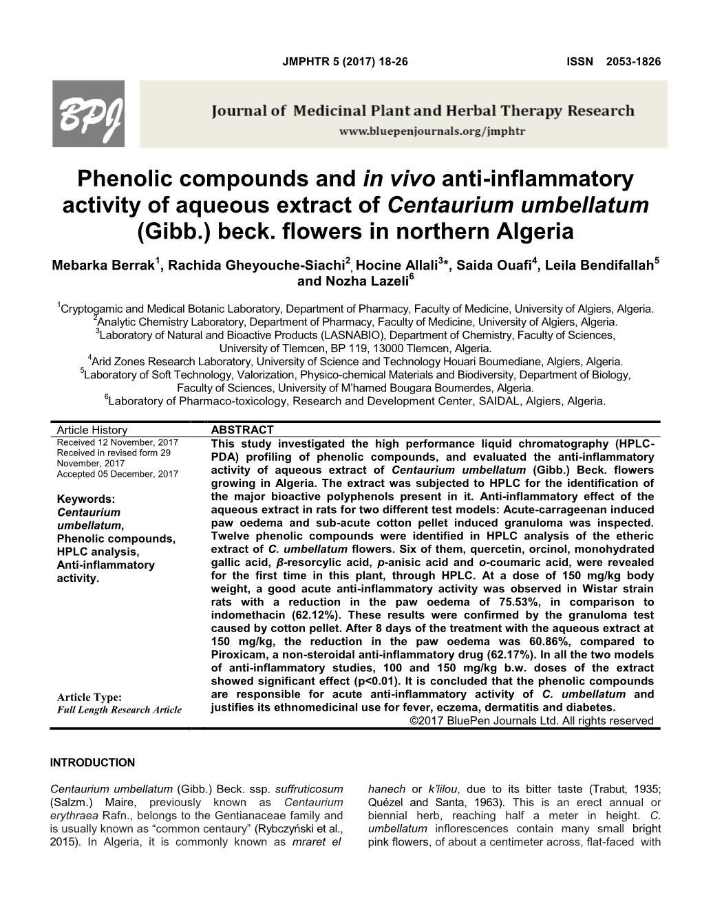 Phenolic Compounds and in Vivo Anti-Inflammatory Activity of Aqueous Extract of Centaurium Umbellatum (Gibb.) Beck