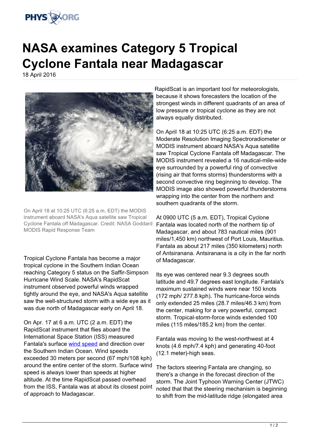 NASA Examines Category 5 Tropical Cyclone Fantala Near Madagascar 18 April 2016