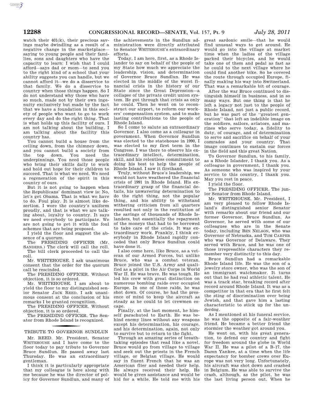 CONGRESSIONAL RECORD—SENATE, Vol. 157, Pt. 9 July 28, 2011