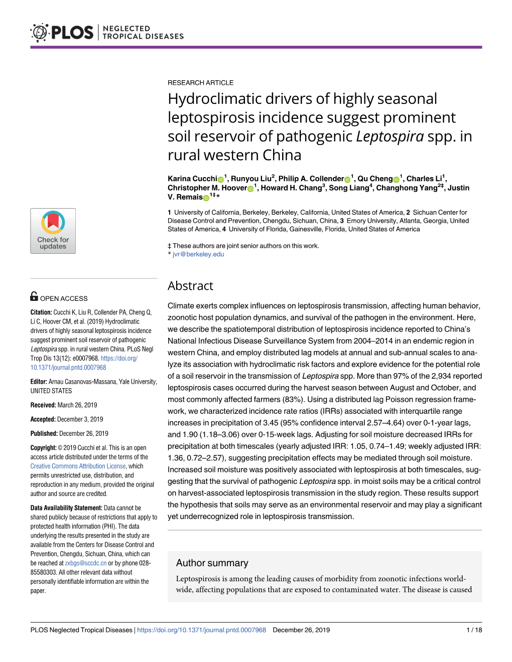 Hydroclimatic Drivers of Highly Seasonal Leptospirosis Incidence Suggest Prominent Soil Reservoir of Pathogenic Leptospira Spp. in Rural Western China