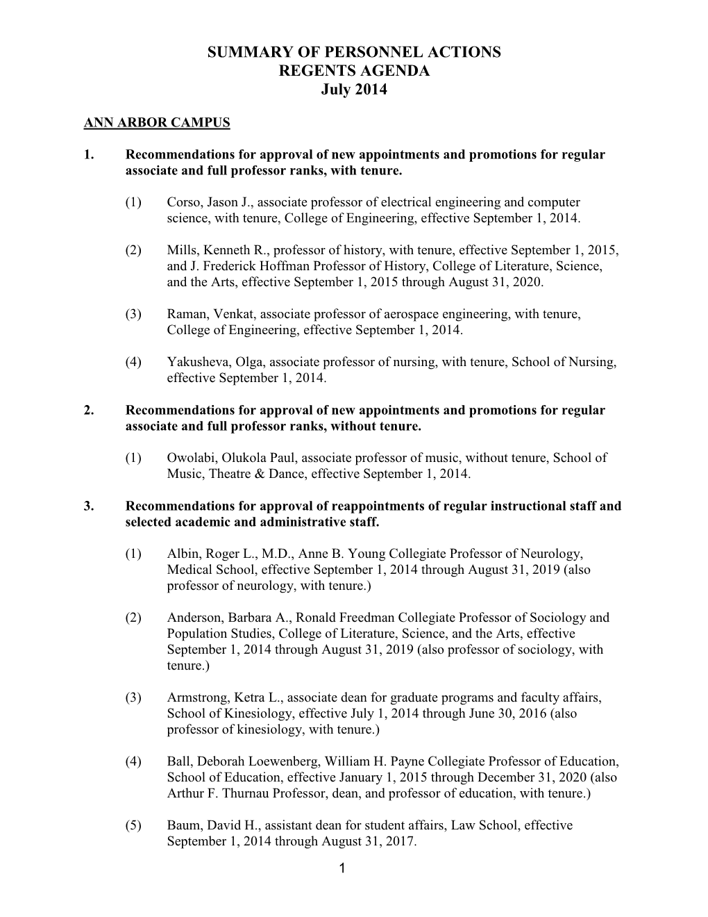SUMMARY of PERSONNEL ACTIONS REGENTS AGENDA July 2014