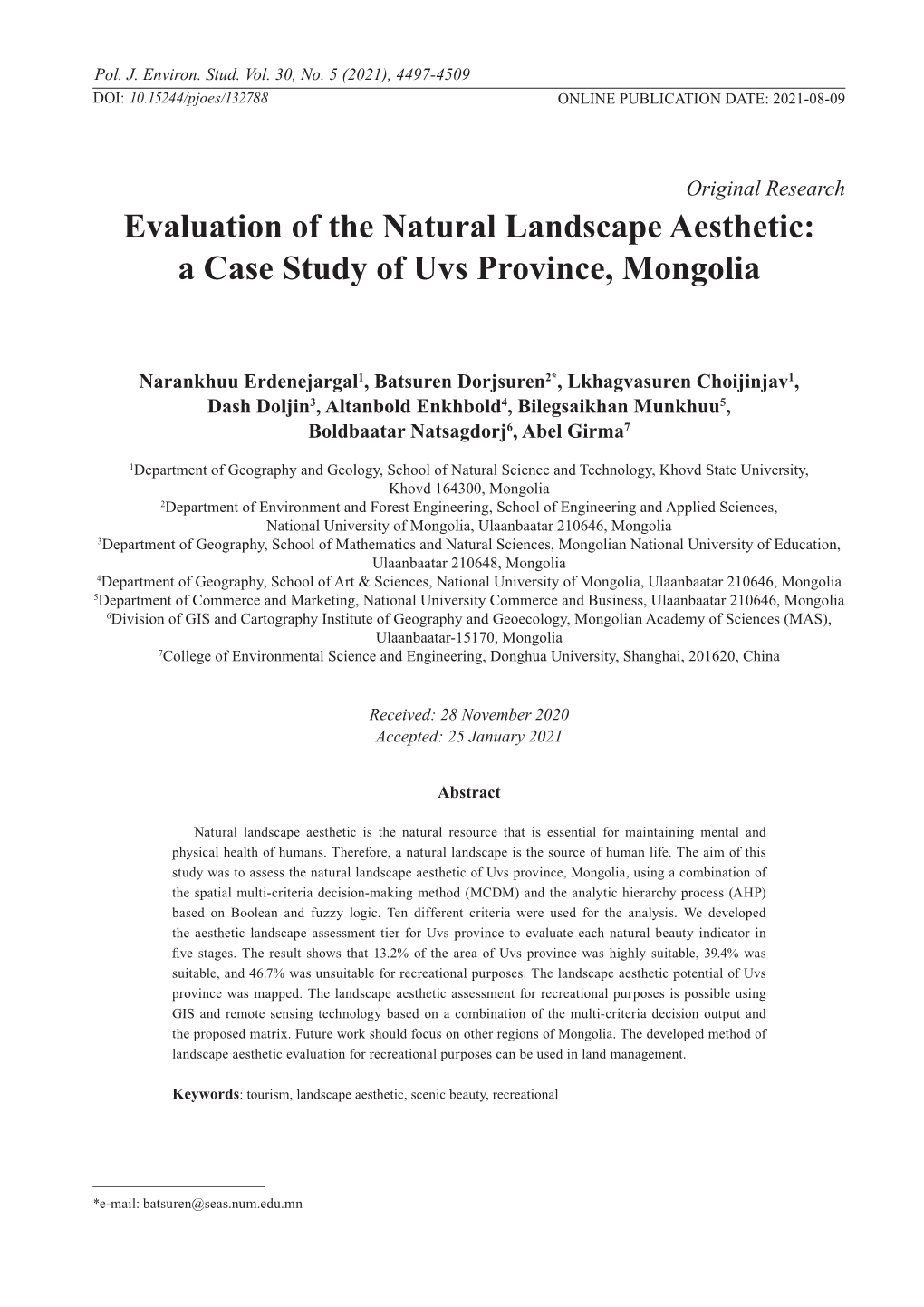 Evaluation of the Natural Landscape Aesthetic: a Case Study of Uvs Province, Mongolia