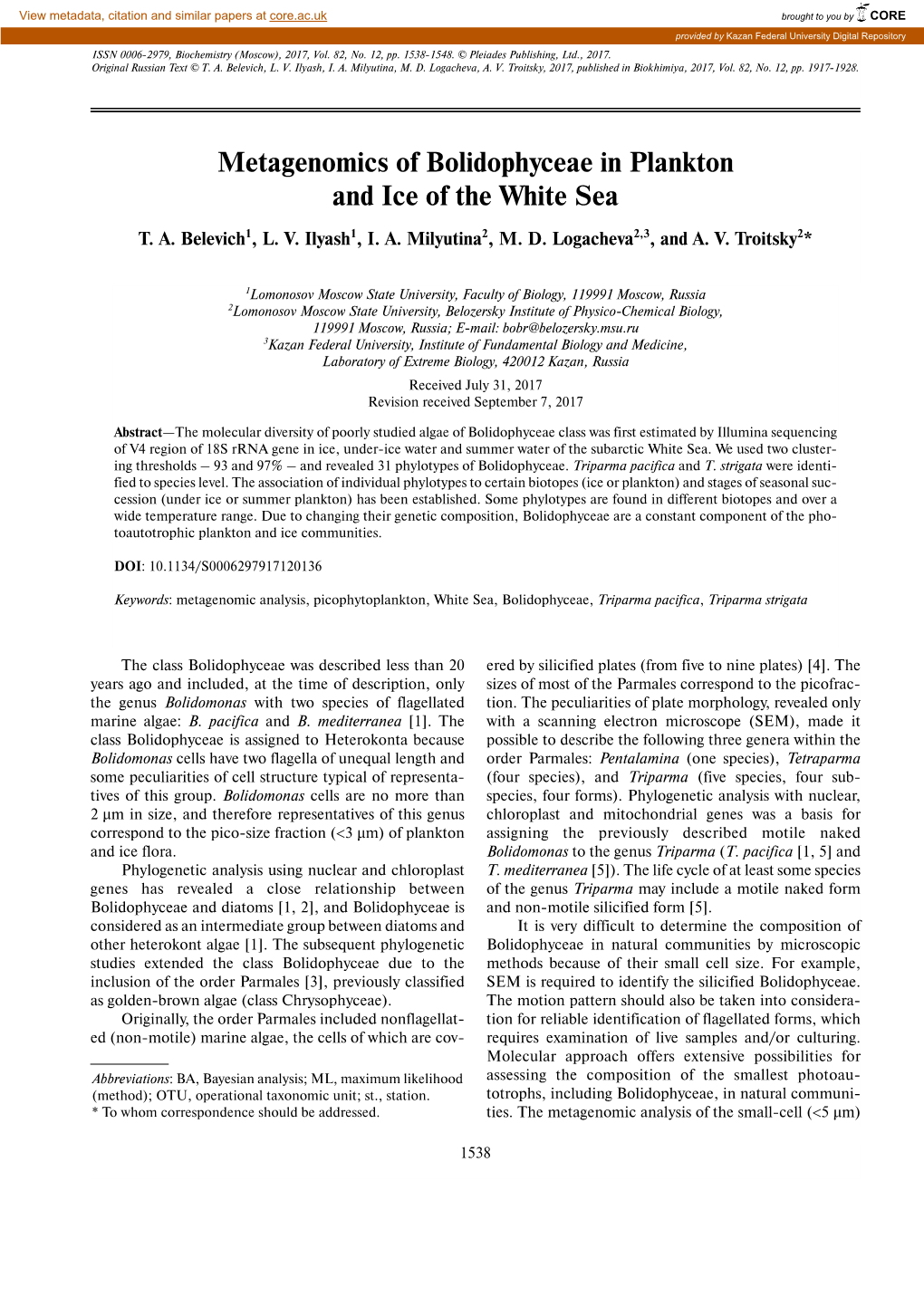 Metagenomics of Bolidophyceae in Plankton and Ice of the White Sea