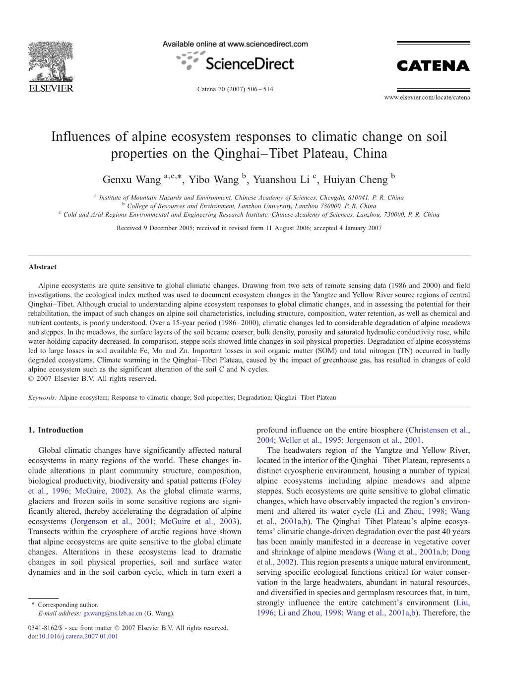 Influences of Alpine Ecosystem Responses to Climatic Change on Soil Properties on the Qinghai–Tibet Plateau, China