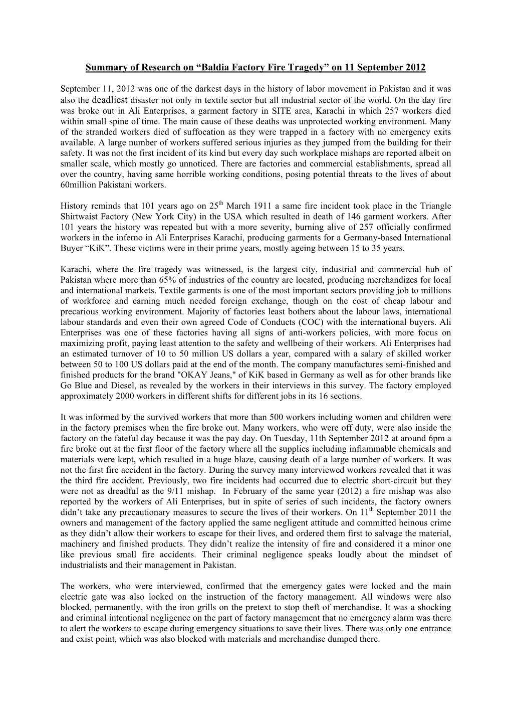 Summary of Research on “Baldia Factory Fire Tragedy” on 11 September 2012