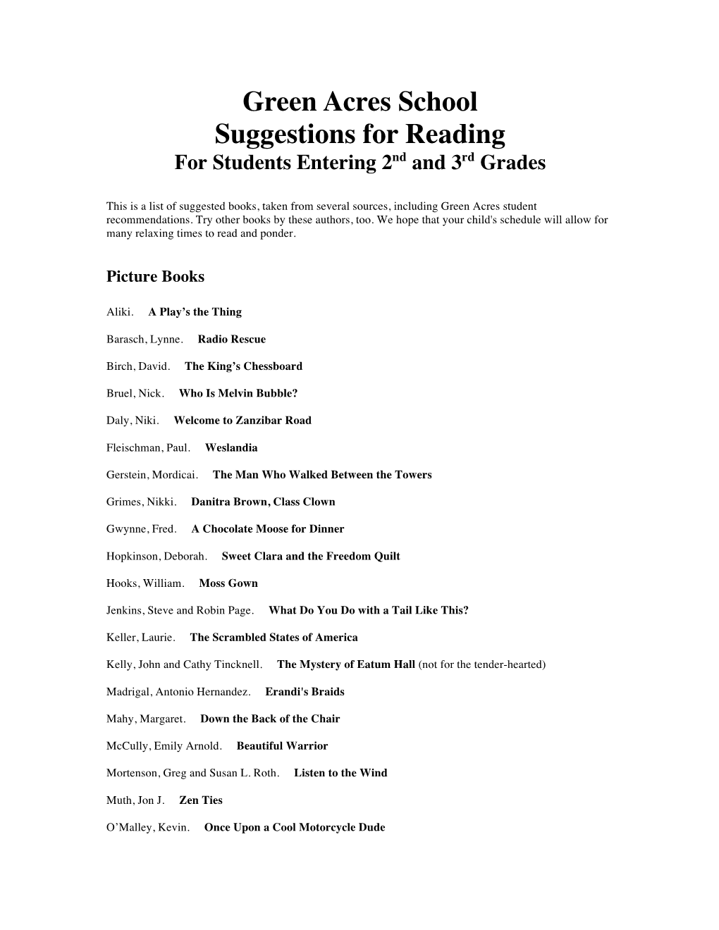 Green Acres School Suggestions for Reading for Students Entering 2Nd and 3Rd Grades