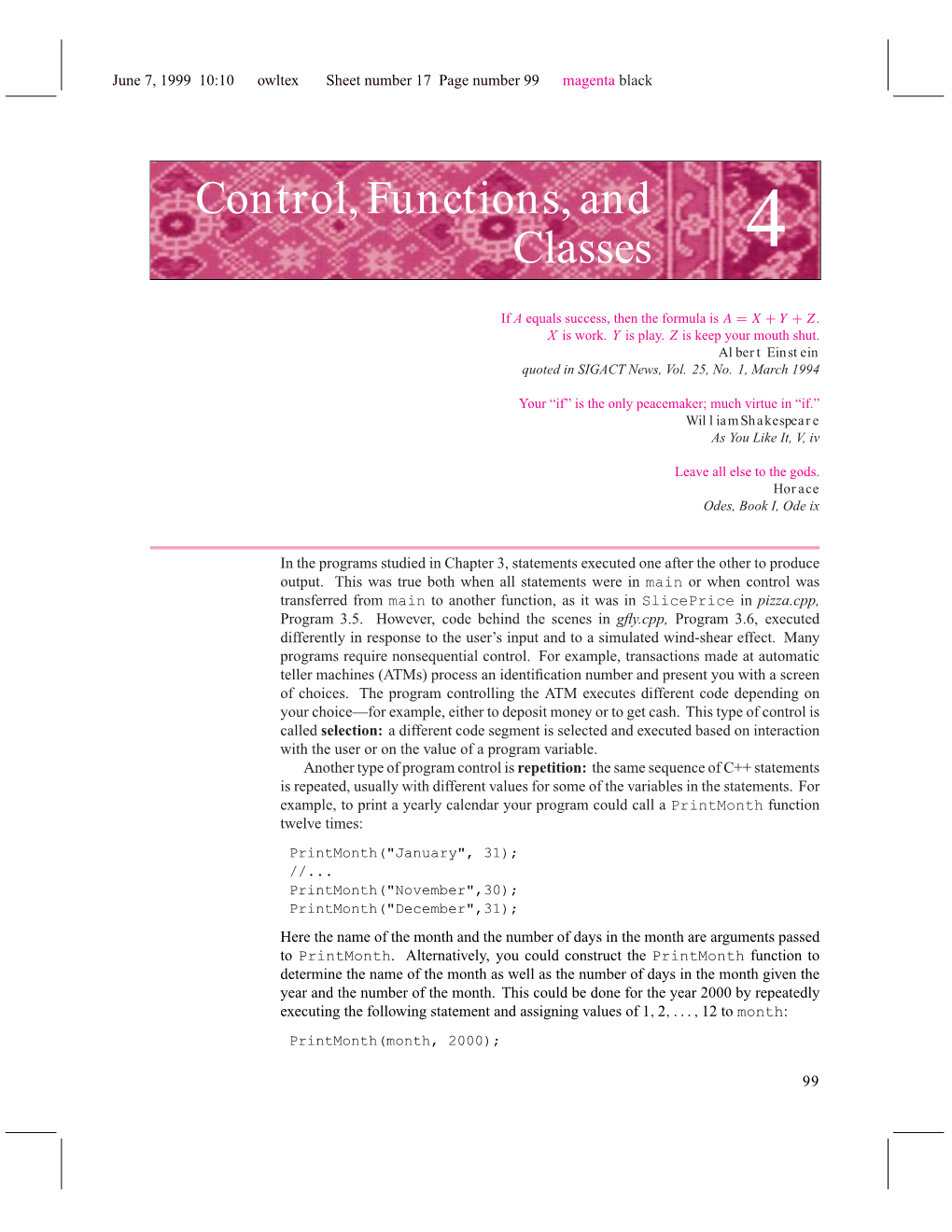 Chapter 4 Control, Functions, and Classes