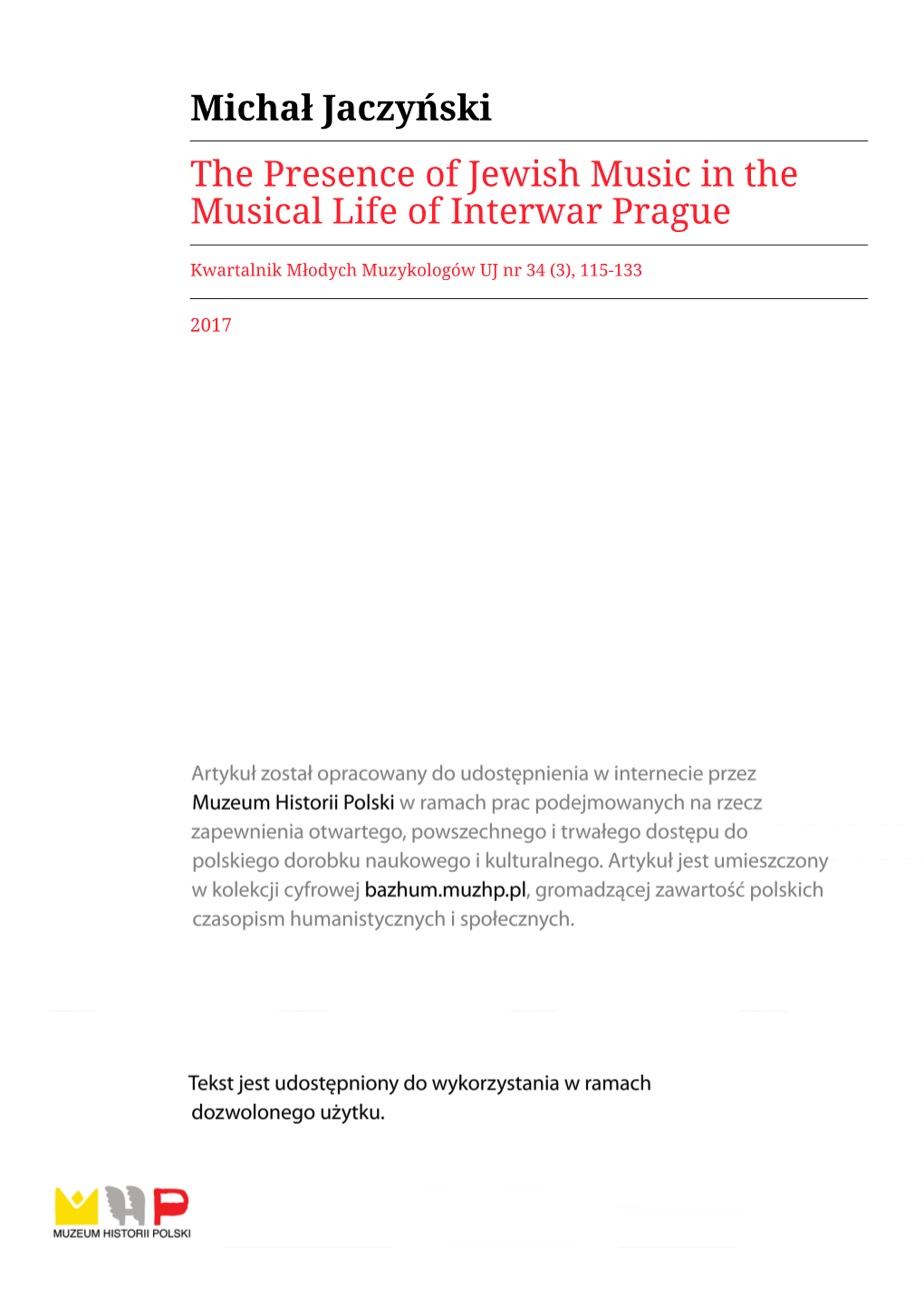 Michał Jaczyński the Presence of Jewish Music in the Musical Life of Interwar Prague