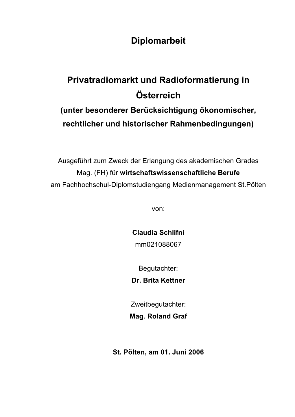 Diplomarbeit Privatradiomarkt Und Radioformatierung in Österreich