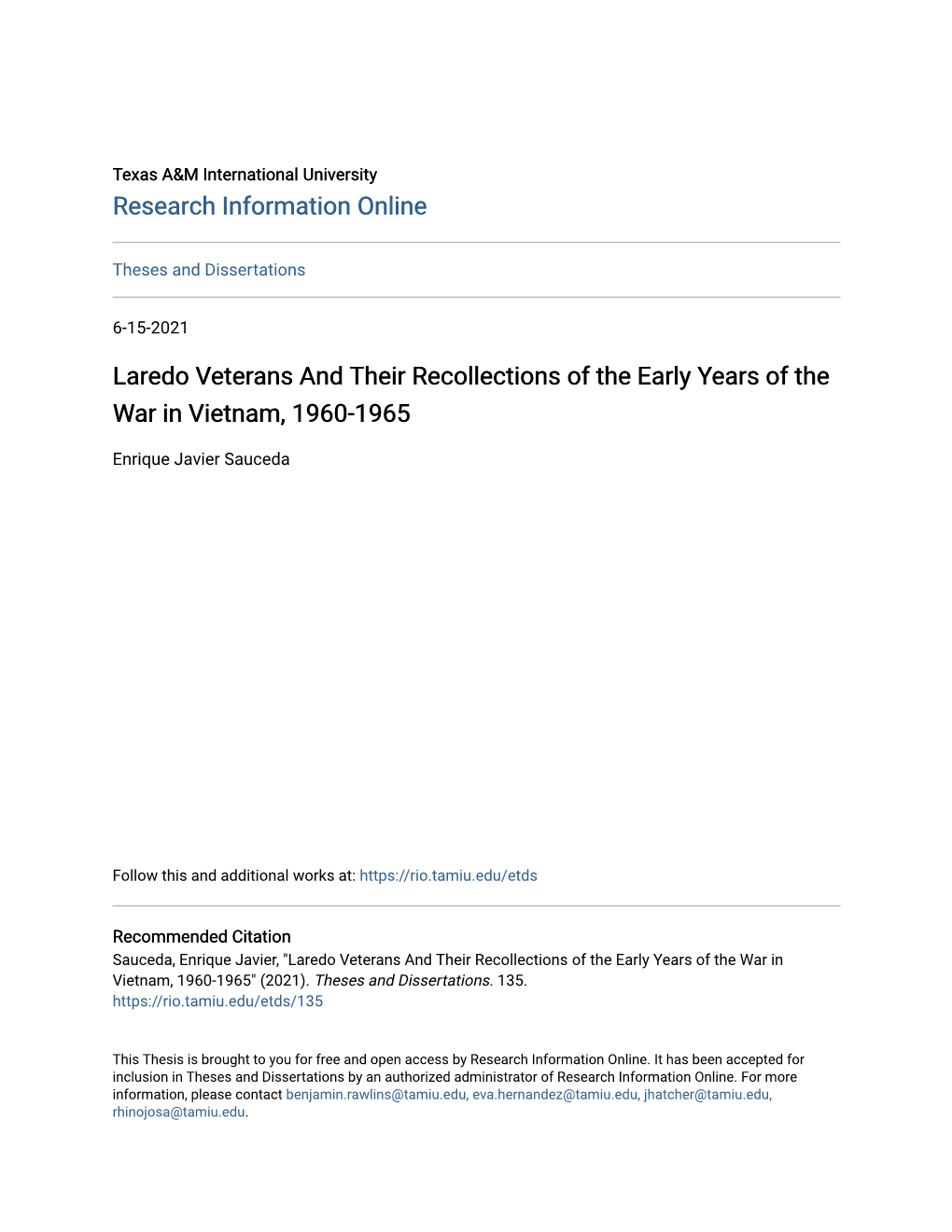 Laredo Veterans and Their Recollections of the Early Years of the War in Vietnam, 1960-1965