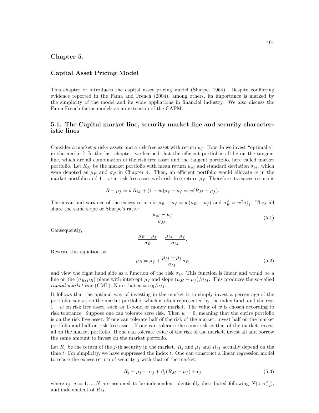 Chapter 5. Captial Asset Pricing Model 5.1. the Capital Market Line