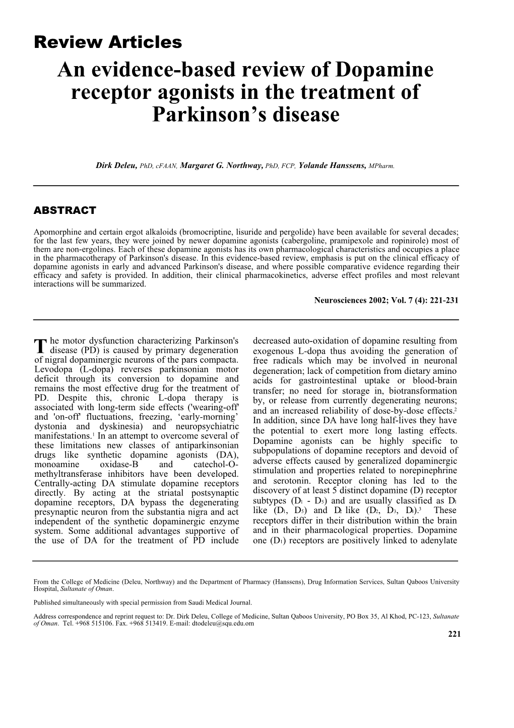 An Evidence-Based Review of Dopamine Receptor Agonists in the Treatment of Parkinson’S Disease